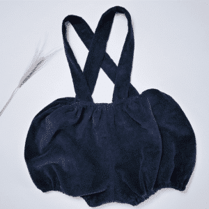 bloomer Agathe et Marceau Velours milleraies petites côtes bleu marine avec bretelles à pressions détachables. Fait Main Tissu Oeko-tex
